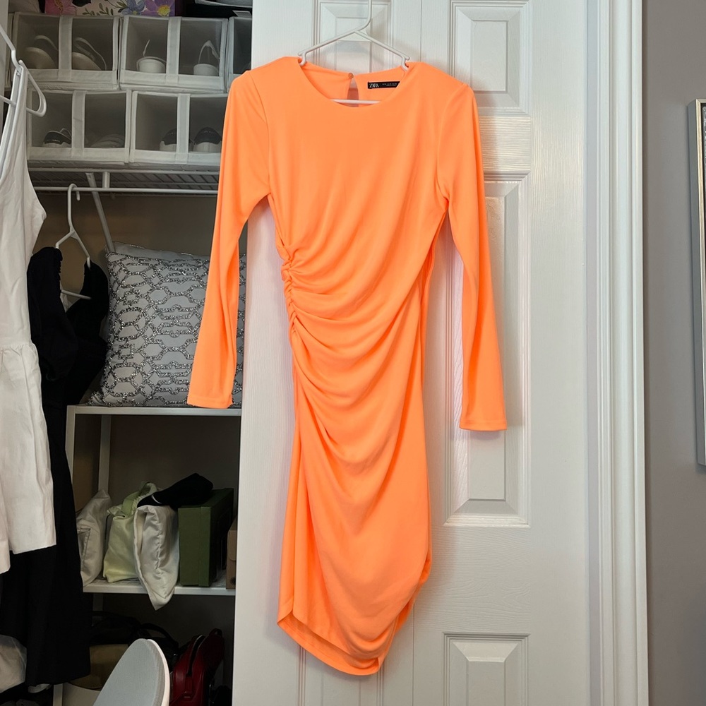 Zara Elegant Orange Night- Out Ruched Dress